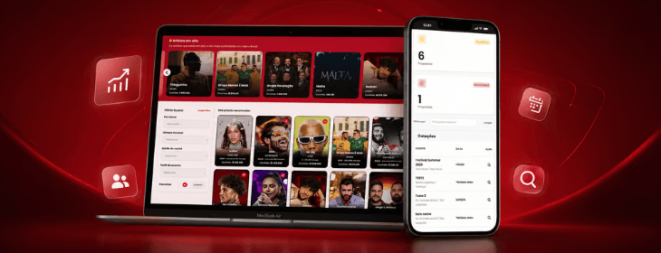 A plataforma da Mais Show em um notebook e em um celular: vitrine de artistas, filtros de busca e acompanhamento de cotações.